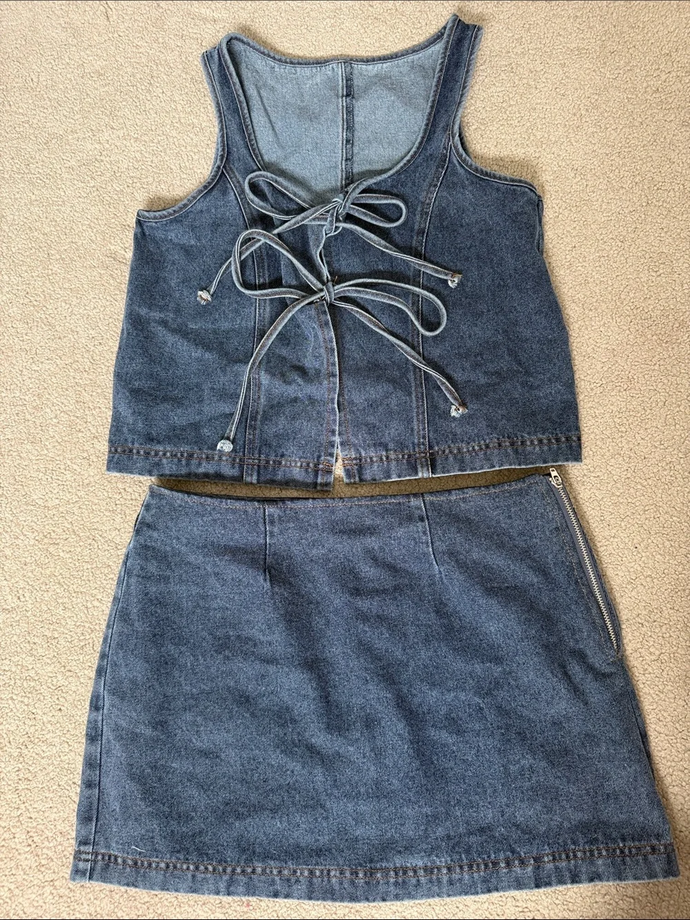 Denim Lace-Up Crop Top and Mini Skirt Set - Blue
